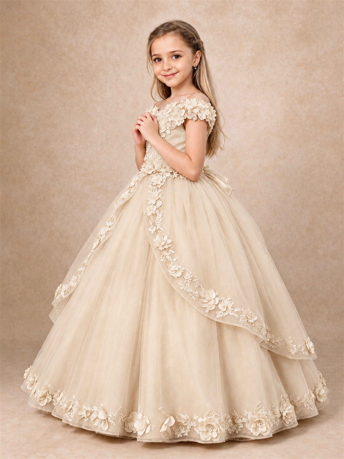 Girls Pageant Dresses Off Shoulder 3D Floral Tulle Long Ball Gown for Wedding Flower Girl