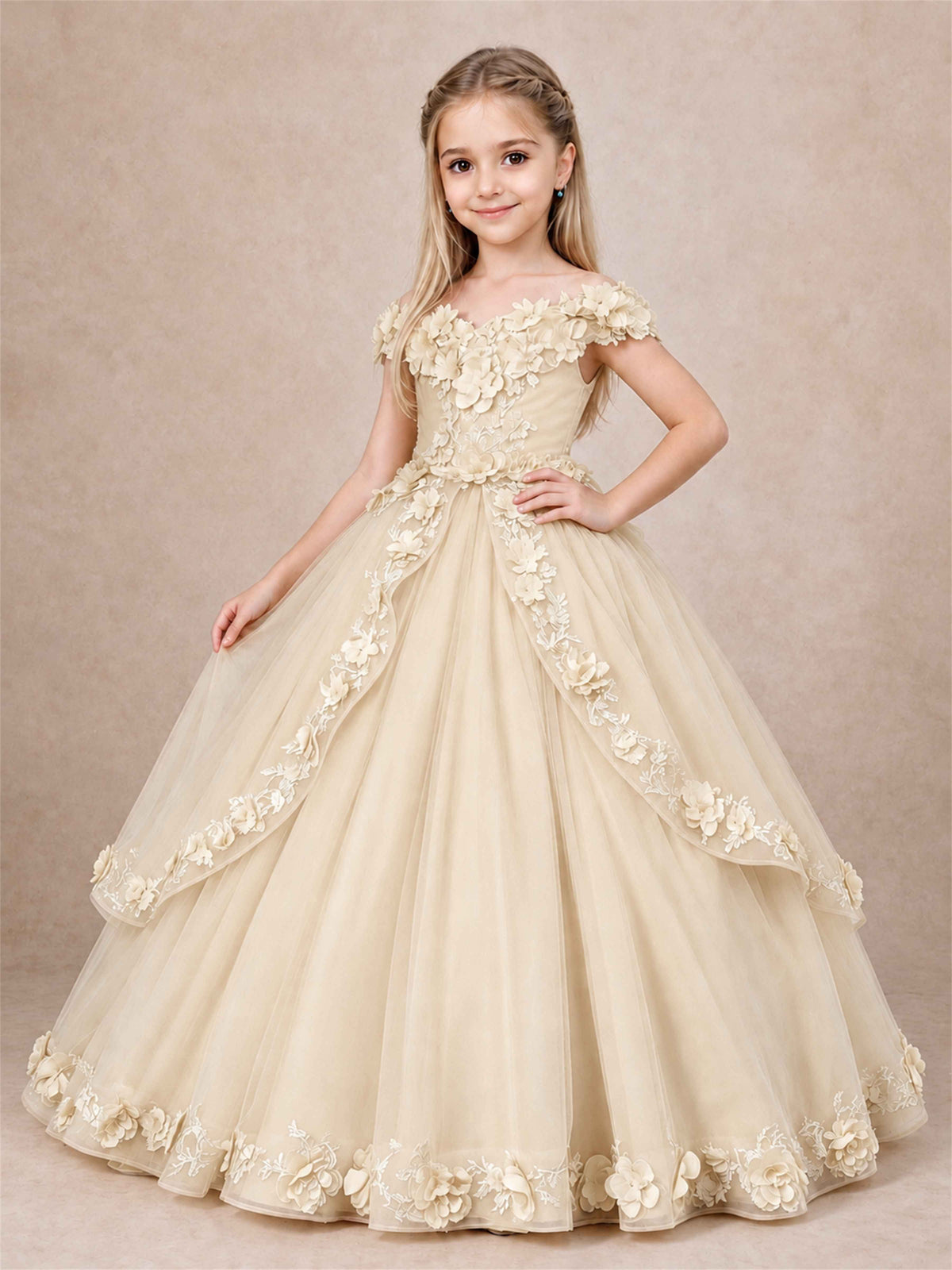 Girls Pageant Dresses Off Shoulder 3D Floral Tulle Long Ball Gown for Wedding Flower Girl