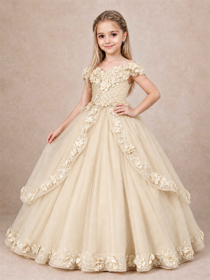 Girls Pageant Dresses Off Shoulder 3D Floral Tulle Long Ball Gown for Wedding Flower Girl