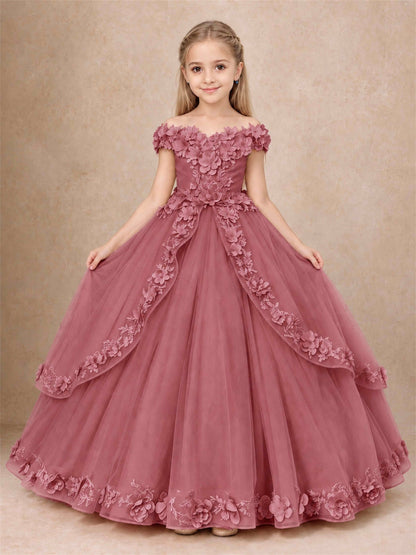 Girls Pageant Dresses Off Shoulder 3D Floral Tulle Long Ball Gown for Wedding Flower Girl