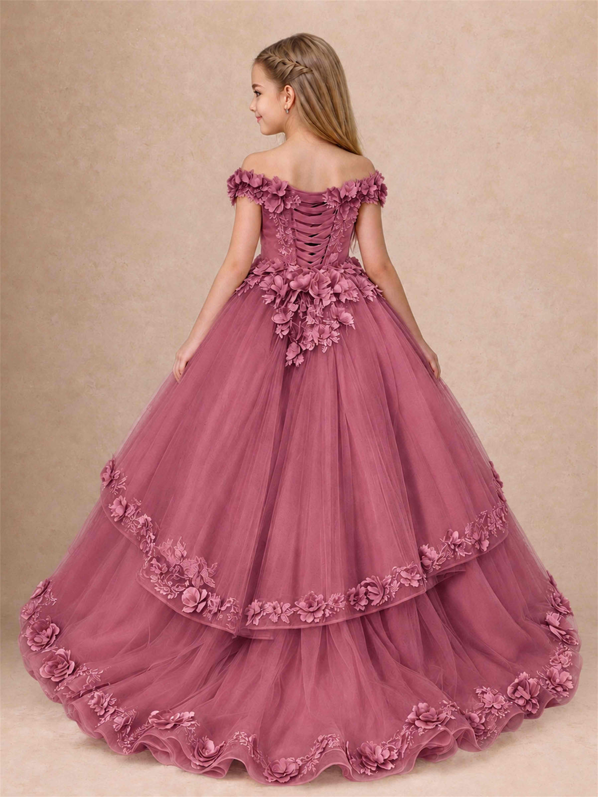 Girls Pageant Dresses Off Shoulder 3D Floral Tulle Long Ball Gown for Wedding Flower Girl
