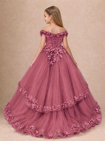 Girls Pageant Dresses Off Shoulder 3D Floral Tulle Long Ball Gown for Wedding Flower Girl