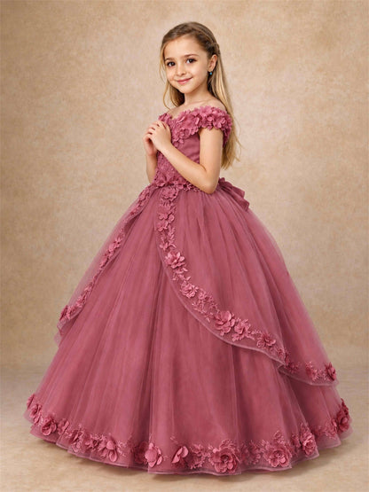 Girls Pageant Dresses Off Shoulder 3D Floral Tulle Long Ball Gown for Wedding Flower Girl