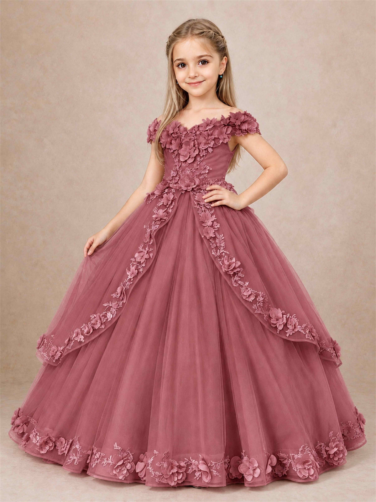 Girls Pageant Dresses Off Shoulder 3D Floral Tulle Long Ball Gown for Wedding Flower Girl