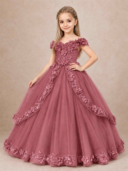Girls Pageant Dresses Off Shoulder 3D Floral Tulle Long Ball Gown for Wedding Flower Girl