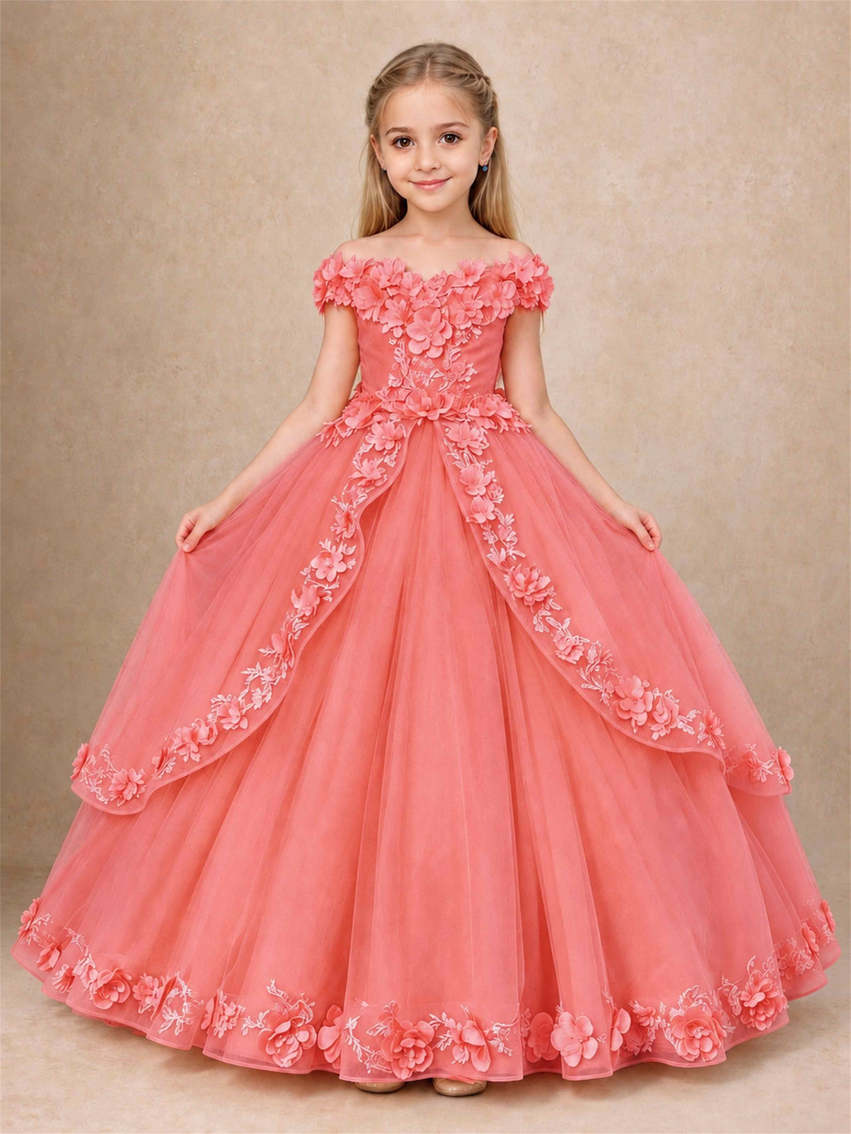 Girls Pageant Dresses Off Shoulder 3D Floral Tulle Long Ball Gown for Wedding Flower Girl