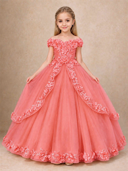 Girls Pageant Dresses Off Shoulder 3D Floral Tulle Long Ball Gown for Wedding Flower Girl