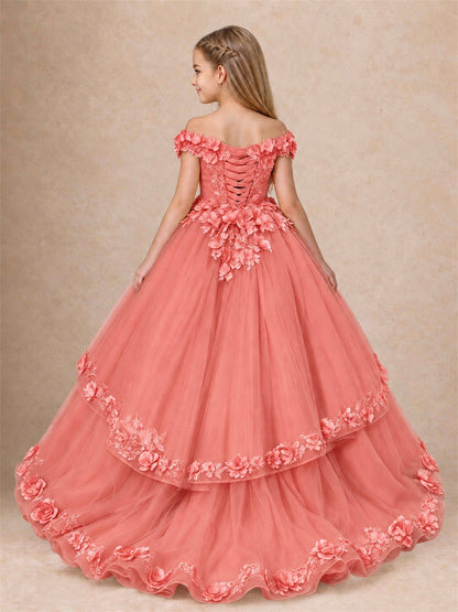 Girls Pageant Dresses Off Shoulder 3D Floral Tulle Long Ball Gown for Wedding Flower Girl