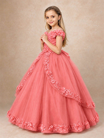 Girls Pageant Dresses Off Shoulder 3D Floral Tulle Long Ball Gown for Wedding Flower Girl