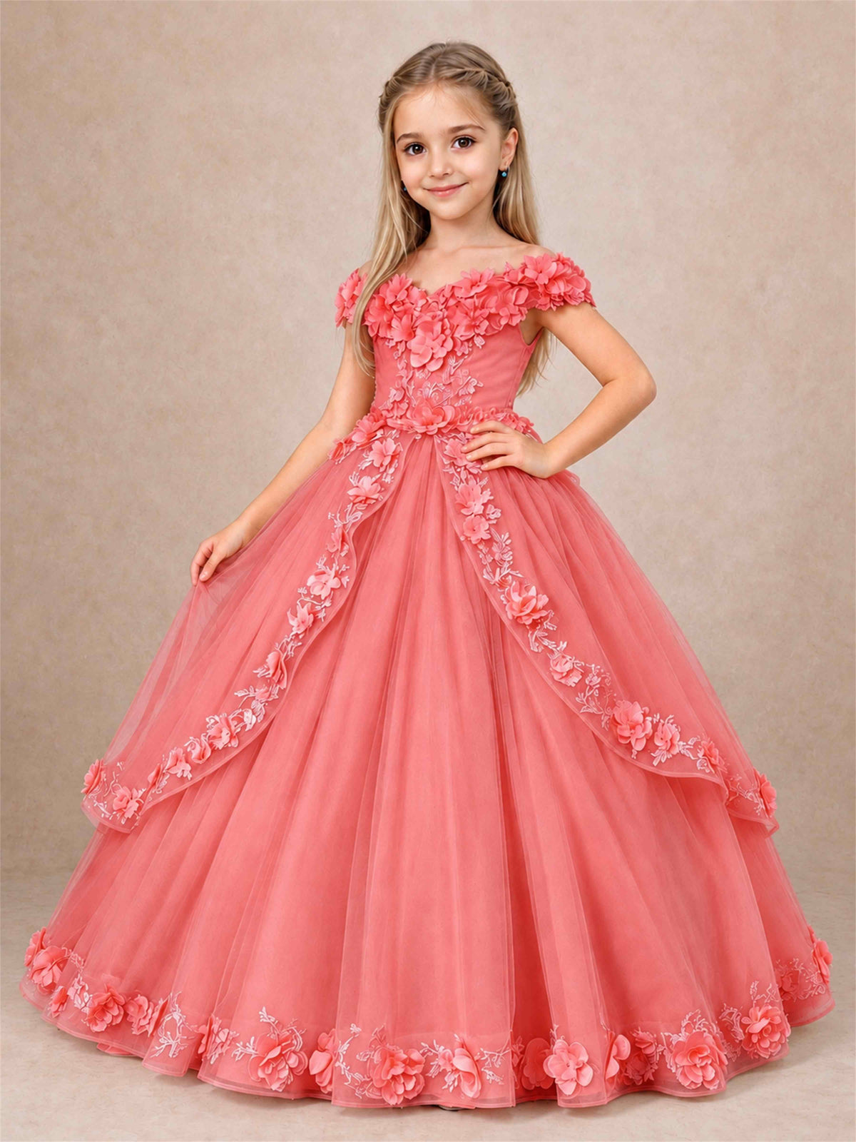 Girls Pageant Dresses Off Shoulder 3D Floral Tulle Long Ball Gown for Wedding Flower Girl