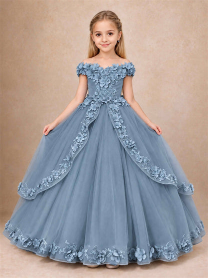 Girls Pageant Dresses Off Shoulder 3D Floral Tulle Long Ball Gown for Wedding Flower Girl