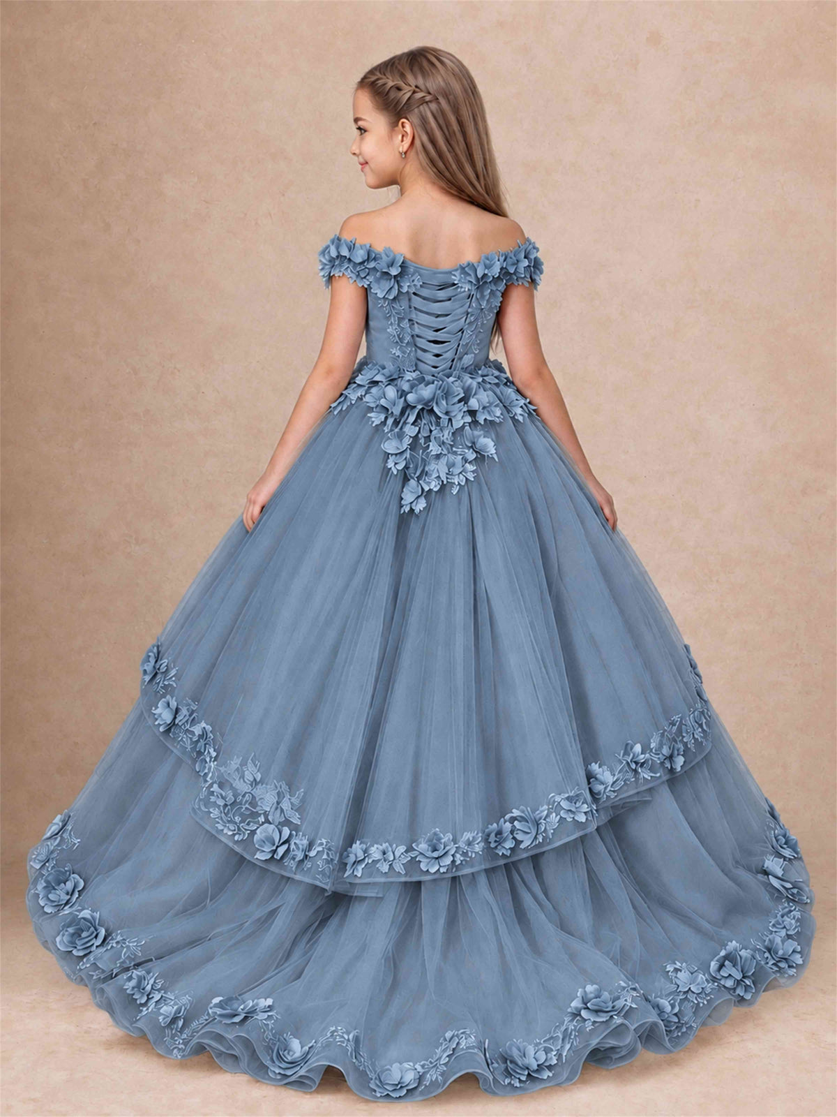 Girls Pageant Dresses Off Shoulder 3D Floral Tulle Long Ball Gown for Wedding Flower Girl