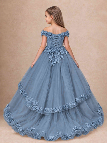 Girls Pageant Dresses Off Shoulder 3D Floral Tulle Long Ball Gown for Wedding Flower Girl