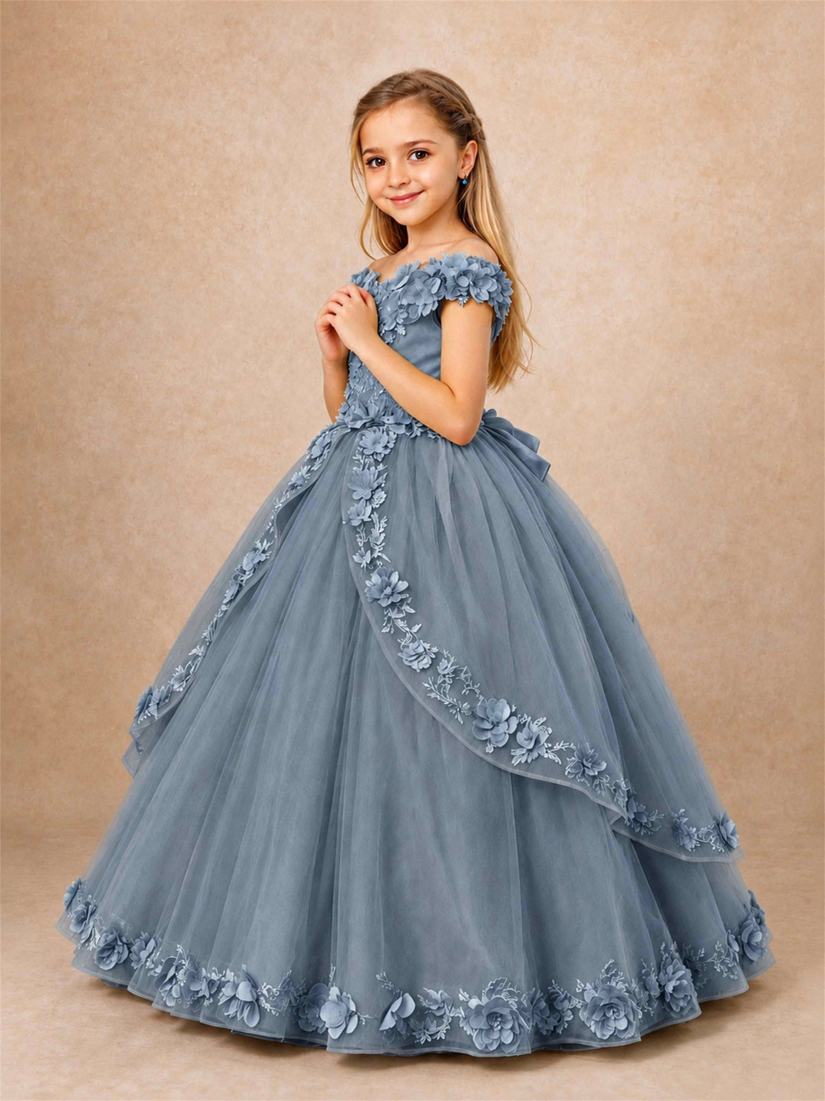 Girls Pageant Dresses Off Shoulder 3D Floral Tulle Long Ball Gown for Wedding Flower Girl