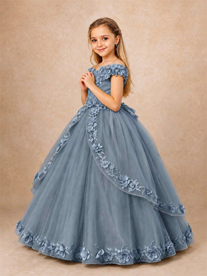 Girls Pageant Dresses Off Shoulder 3D Floral Tulle Long Ball Gown for Wedding Flower Girl