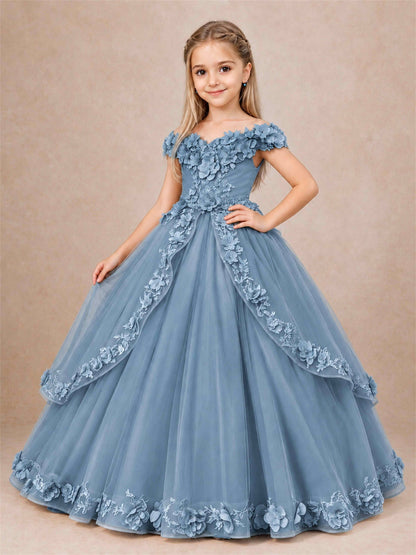 Girls Pageant Dresses Off Shoulder 3D Floral Tulle Long Ball Gown for Wedding Flower Girl