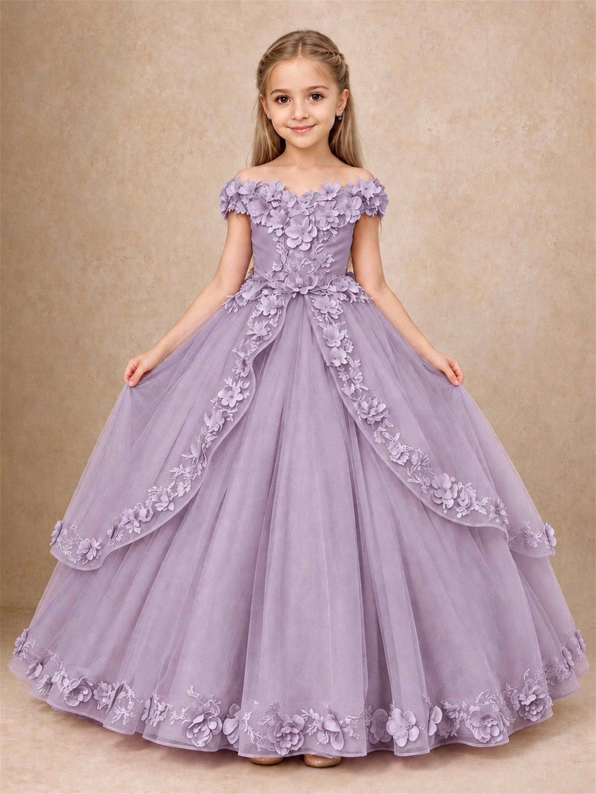 Girls Pageant Dresses Off Shoulder 3D Floral Tulle Long Ball Gown for Wedding Flower Girl