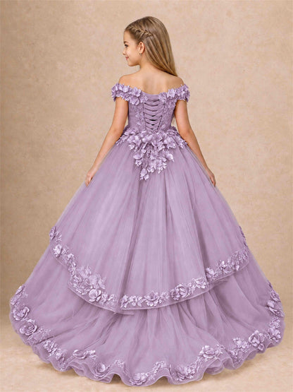 Girls Pageant Dresses Off Shoulder 3D Floral Tulle Long Ball Gown for Wedding Flower Girl