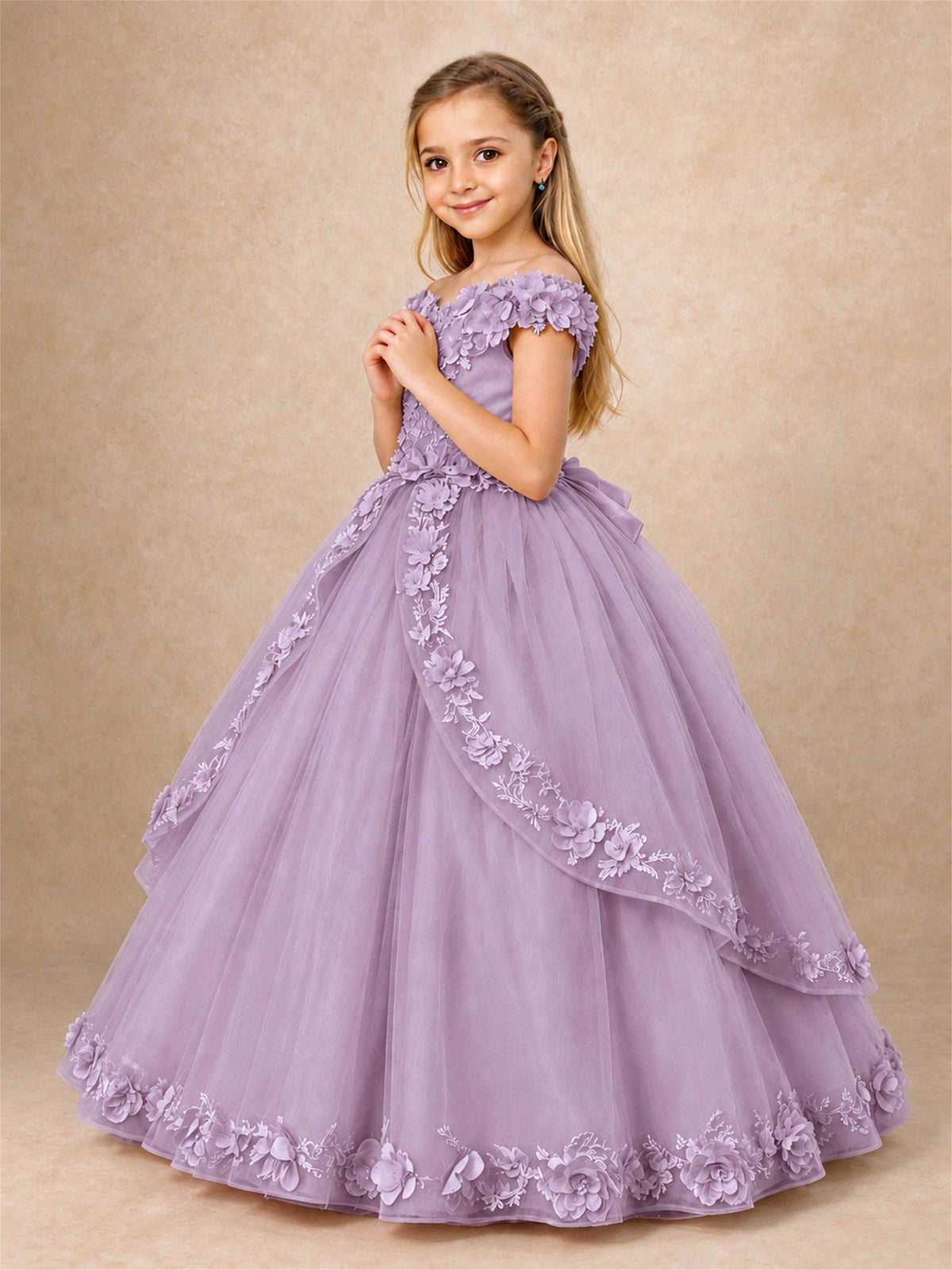 Girls Pageant Dresses Off Shoulder 3D Floral Tulle Long Ball Gown for Wedding Flower Girl