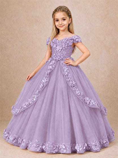 Girls Pageant Dresses Off Shoulder 3D Floral Tulle Long Ball Gown for Wedding Flower Girl