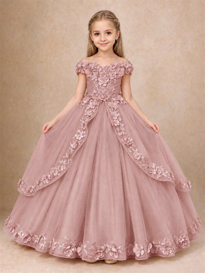 Girls Pageant Dresses Off Shoulder 3D Floral Tulle Long Ball Gown for Wedding Flower Girl