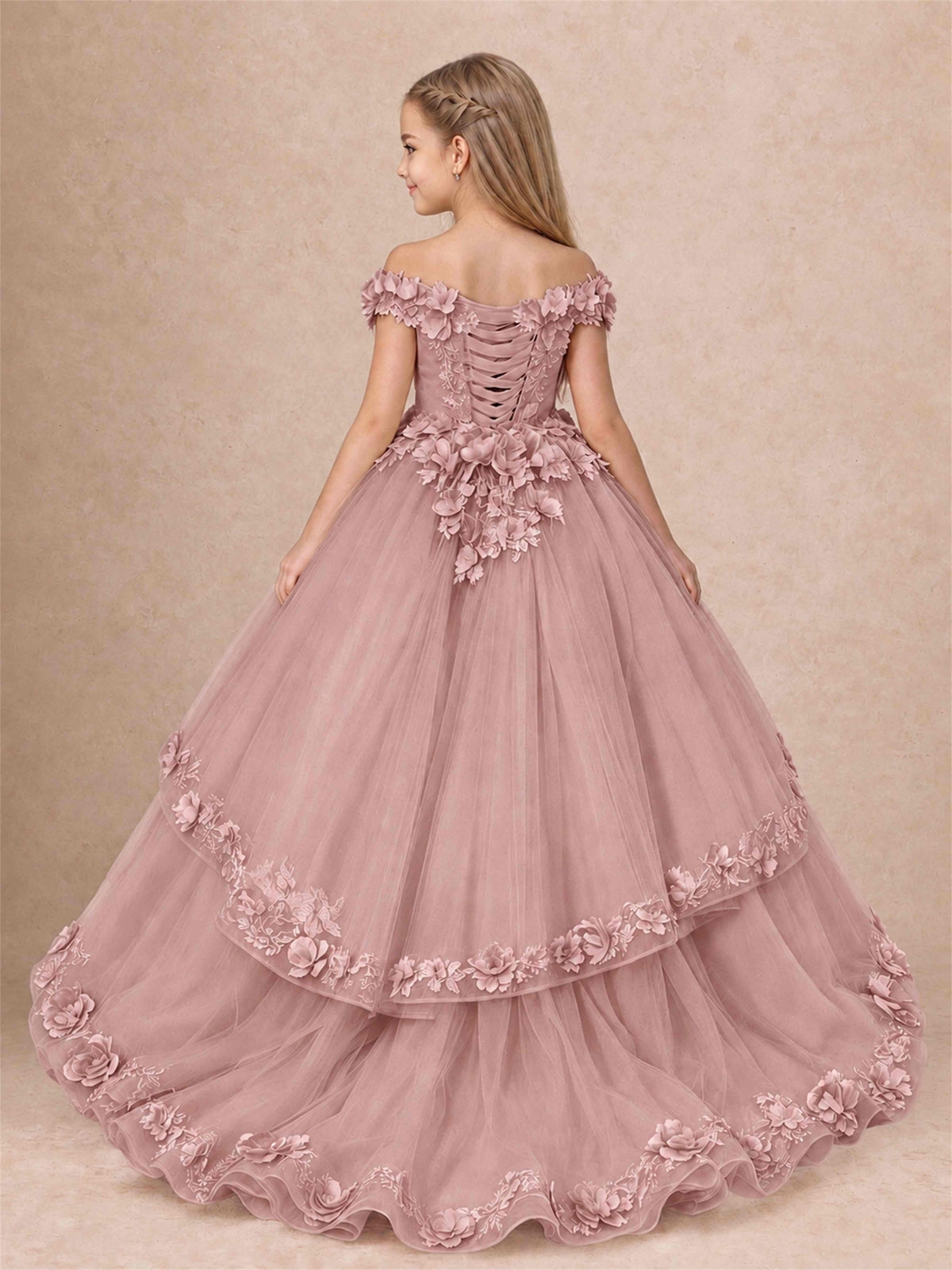 Girls Pageant Dresses Off Shoulder 3D Floral Tulle Long Ball Gown for Wedding Flower Girl