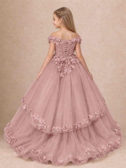 Girls Pageant Dresses Off Shoulder 3D Floral Tulle Long Ball Gown for Wedding Flower Girl