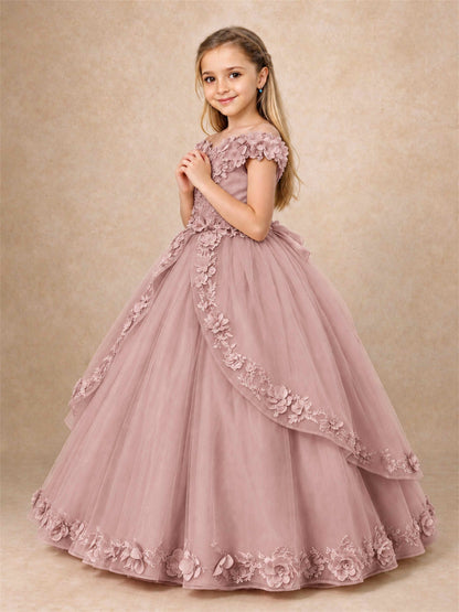 Girls Pageant Dresses Off Shoulder 3D Floral Tulle Long Ball Gown for Wedding Flower Girl
