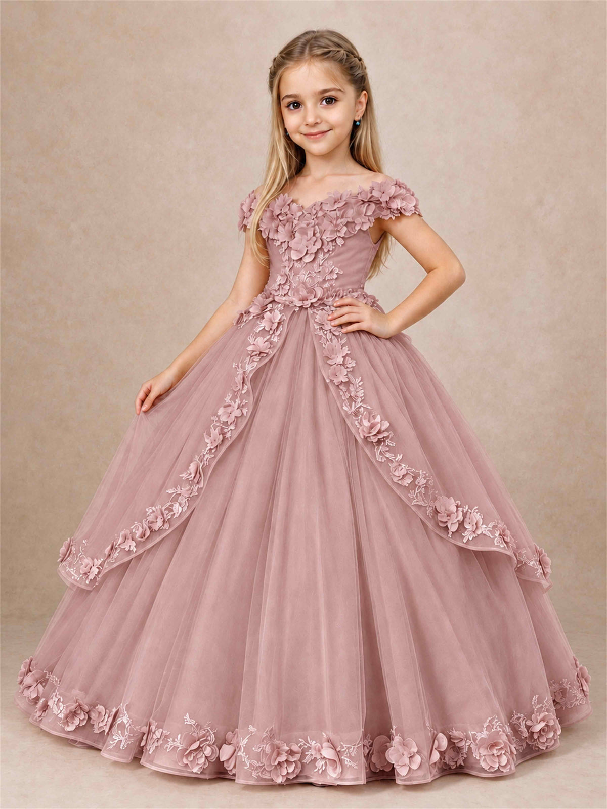 Girls Pageant Dresses Off Shoulder 3D Floral Tulle Long Ball Gown for Wedding Flower Girl