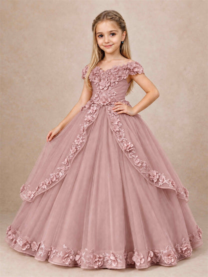 Girls Pageant Dresses Off Shoulder 3D Floral Tulle Long Ball Gown for Wedding Flower Girl