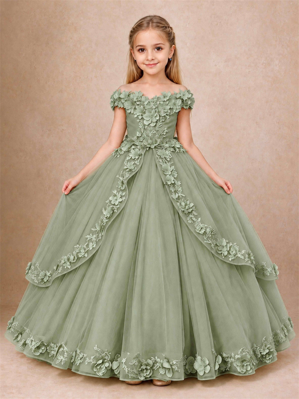 Girls Pageant Dresses Off Shoulder 3D Floral Tulle Long Ball Gown for Wedding Flower Girl