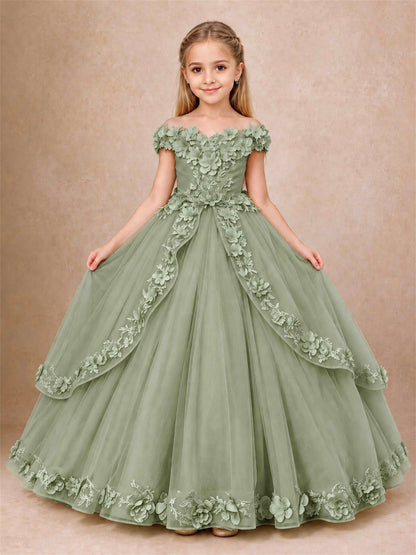 Girls Pageant Dresses Off Shoulder 3D Floral Tulle Long Ball Gown for Wedding Flower Girl