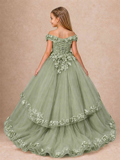 Girls Pageant Dresses Off Shoulder 3D Floral Tulle Long Ball Gown for Wedding Flower Girl