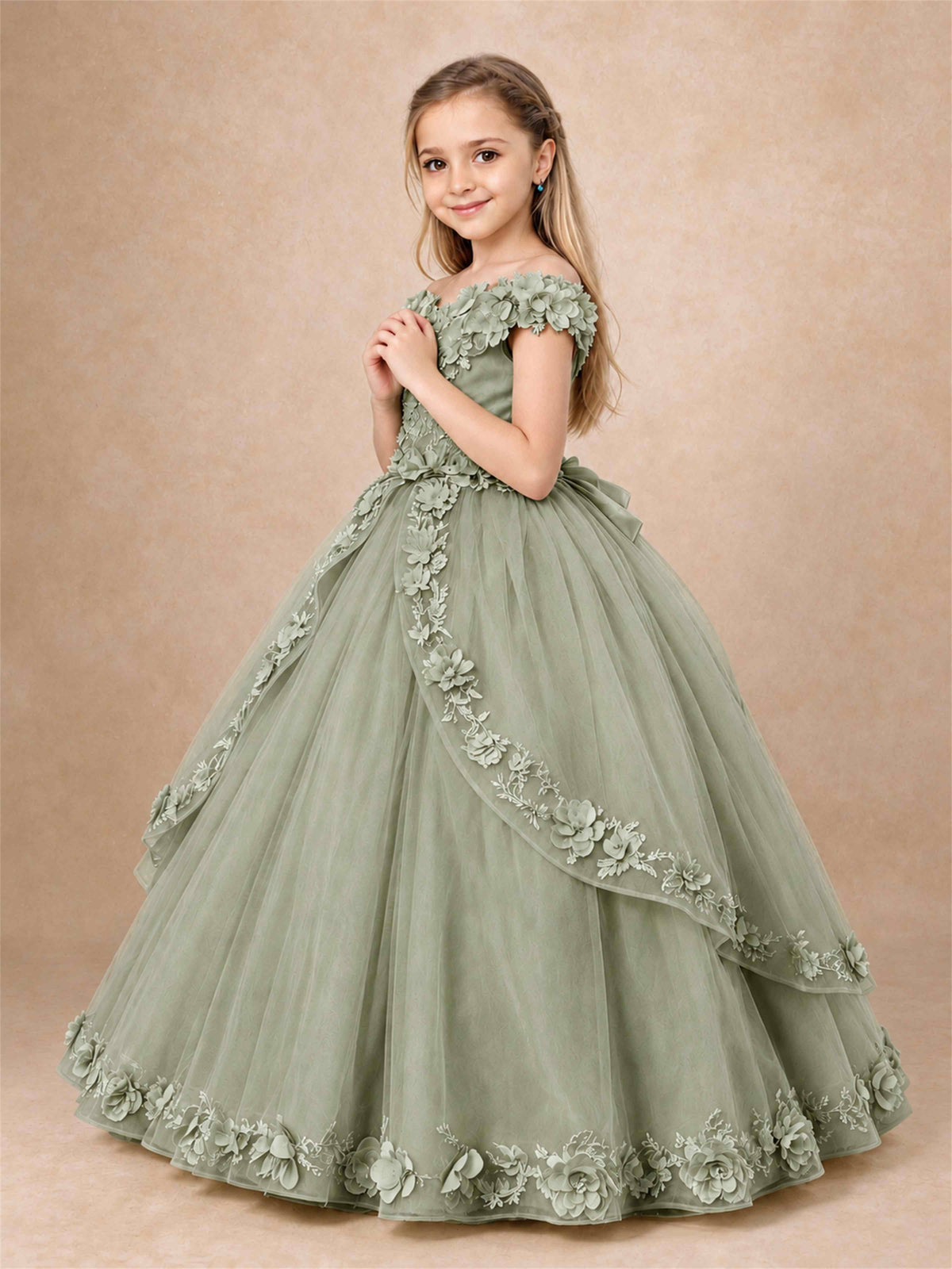Girls Pageant Dresses Off Shoulder 3D Floral Tulle Long Ball Gown for Wedding Flower Girl
