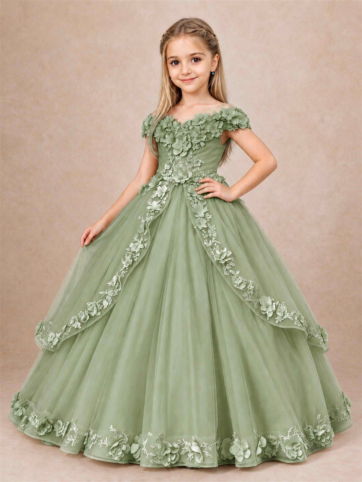 Girls Pageant Dresses Off Shoulder 3D Floral Tulle Long Ball Gown for Wedding Flower Girl