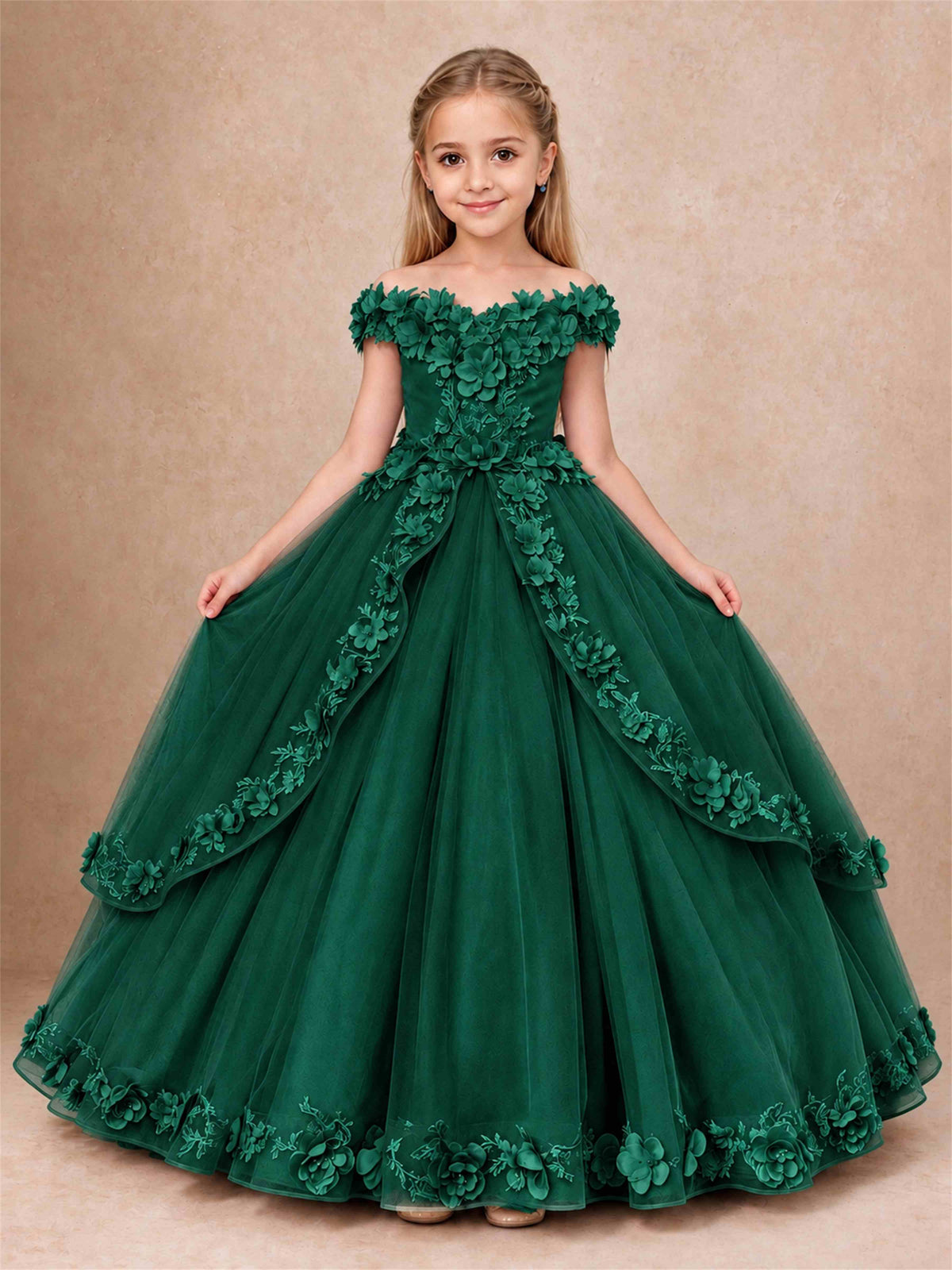 Girls Pageant Dresses Off Shoulder 3D Floral Tulle Long Ball Gown for Wedding Flower Girl