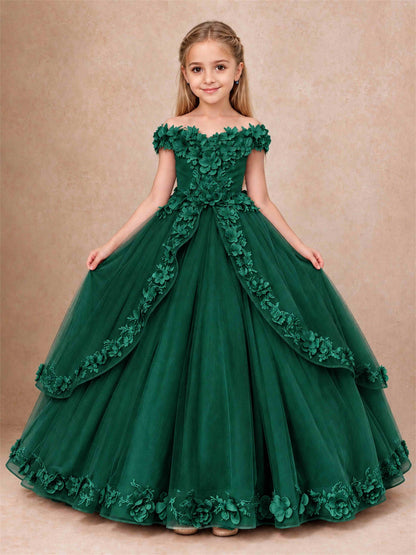 Girls Pageant Dresses Off Shoulder 3D Floral Tulle Long Ball Gown for Wedding Flower Girl