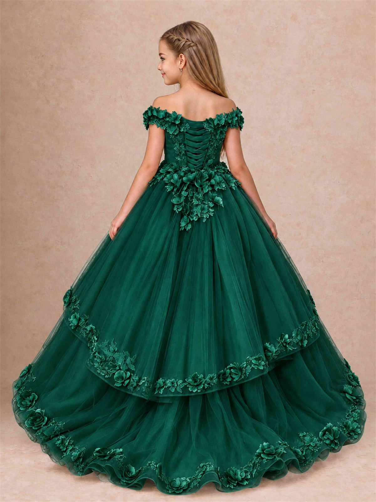 Girls Pageant Dresses Off Shoulder 3D Floral Tulle Long Ball Gown for Wedding Flower Girl