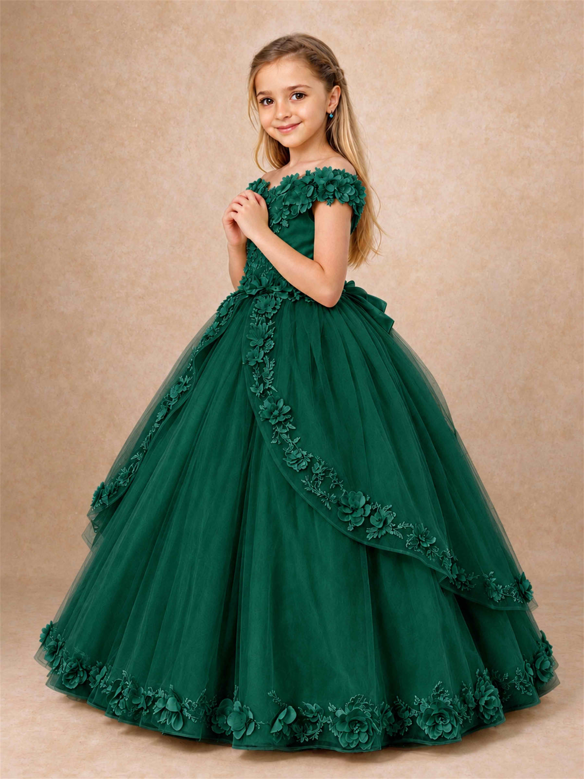 Girls Pageant Dresses Off Shoulder 3D Floral Tulle Long Ball Gown for Wedding Flower Girl