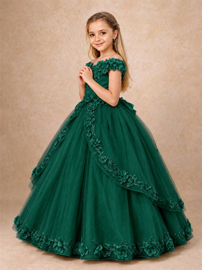 Girls Pageant Dresses Off Shoulder 3D Floral Tulle Long Ball Gown for Wedding Flower Girl