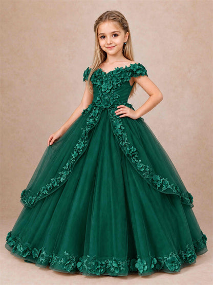 Girls Pageant Dresses Off Shoulder 3D Floral Tulle Long Ball Gown for Wedding Flower Girl