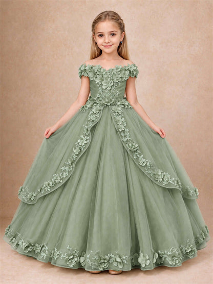 Girls Pageant Dresses Off Shoulder 3D Floral Tulle Long Ball Gown for Wedding Flower Girl