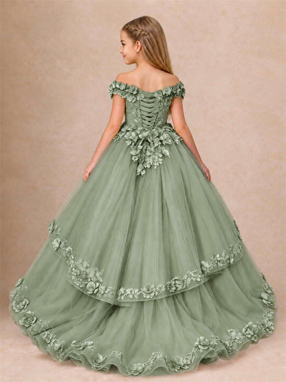 Girls Pageant Dresses Off Shoulder 3D Floral Tulle Long Ball Gown for Wedding Flower Girl
