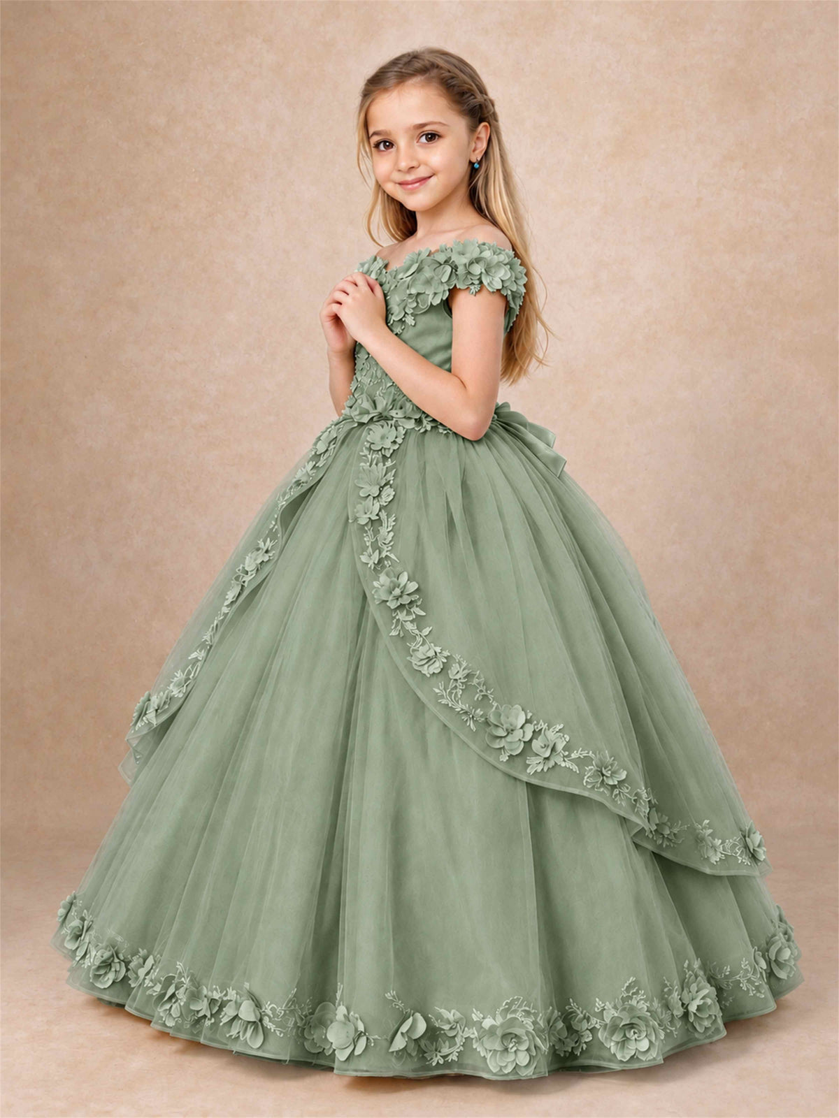 Girls Pageant Dresses Off Shoulder 3D Floral Tulle Long Ball Gown for Wedding Flower Girl