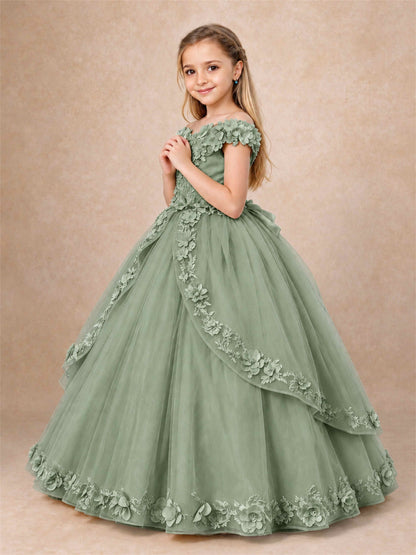 Girls Pageant Dresses Off Shoulder 3D Floral Tulle Long Ball Gown for Wedding Flower Girl