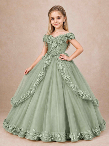 Girls Pageant Dresses Off Shoulder 3D Floral Tulle Long Ball Gown for Wedding Flower Girl