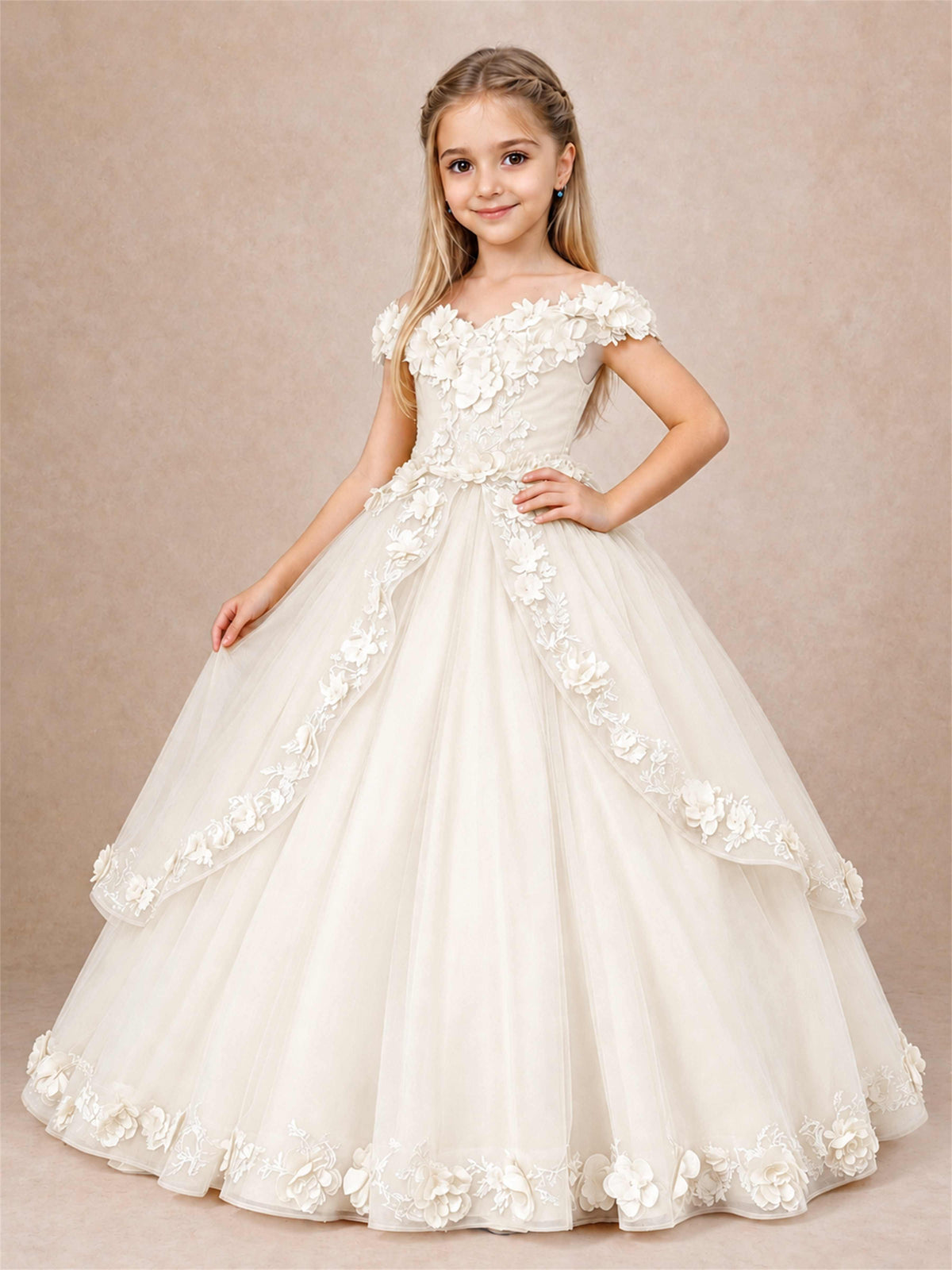 Girls Pageant Dresses Off Shoulder 3D Floral Tulle Long Ball Gown for Wedding Flower Girl