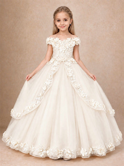 Girls Pageant Dresses Off Shoulder 3D Floral Tulle Long Ball Gown for Wedding Flower Girl