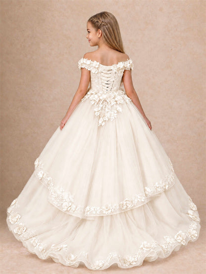 Girls Pageant Dresses Off Shoulder 3D Floral Tulle Long Ball Gown for Wedding Flower Girl