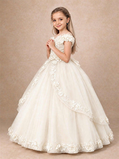 Girls Pageant Dresses Off Shoulder 3D Floral Tulle Long Ball Gown for Wedding Flower Girl